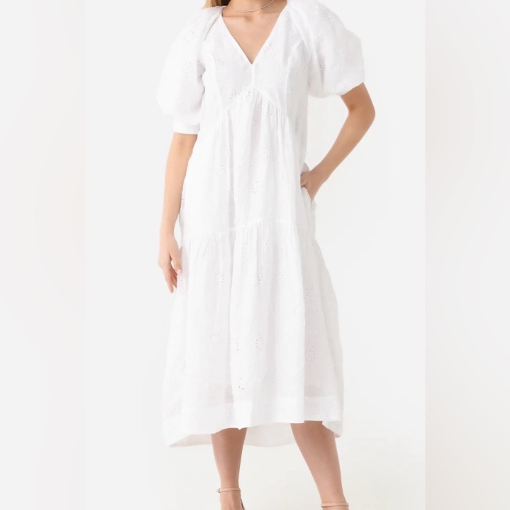 FRAME V Neck Puff Sleeve Maxi Dress - White SZ S